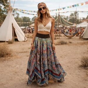 Boho Hippie Smocked Handkerchief Waist Maxi Skirt